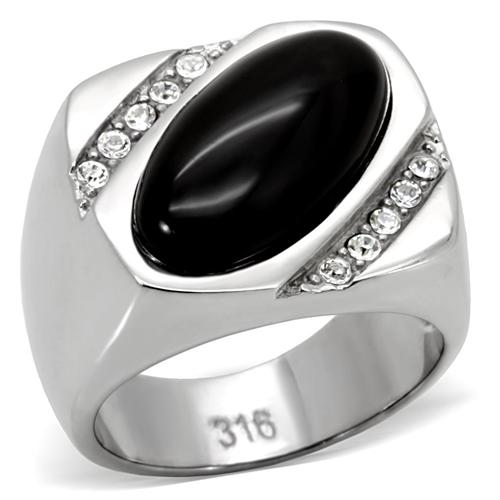 NATURAL BLACK AGATE STAINLESS STEEL MENS RING-4 sizes